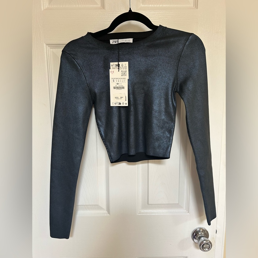 Zara Metallic Blue Long Sleeve Top